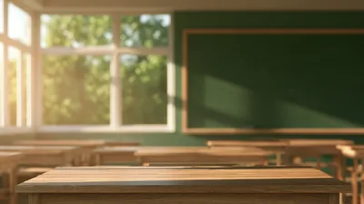 Empty Wooden Desk in a Sunny Classroom