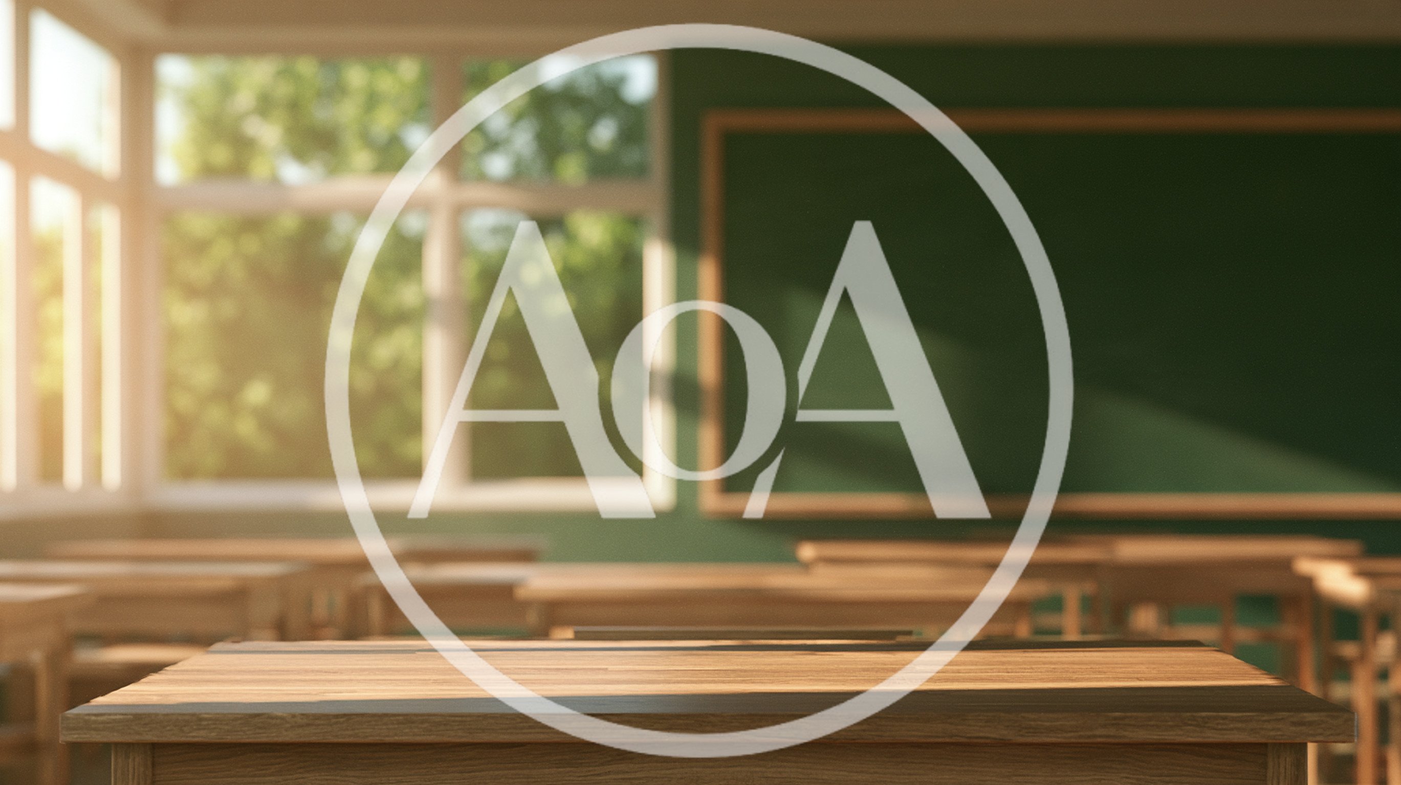 Empty Wooden Desk in a Sunny Classroom