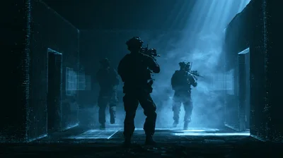 Special Forces Soldiers Advancing Through A Dark Corridor