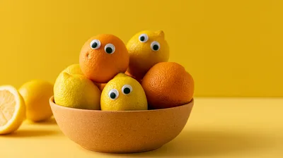 Googly Eyed Citrus Fruits In A Bowl