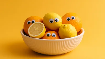 Googly Eyed Citrus Fruits In A Bowl