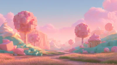 Whimsical Candy Land Landscape With Voxel Style Trees