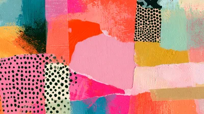 Abstract Collage With Painted Textures And Polka Dot Patterns