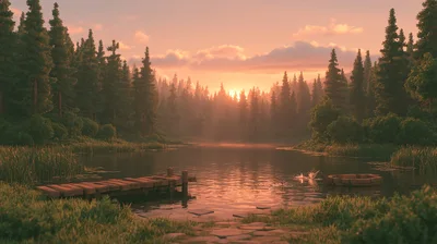 Serene Sunset Over A Forest Lake With Wooden Dock