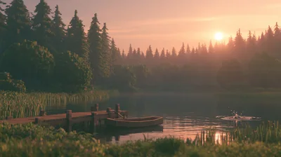 Voxel Art Lake Scene With Wooden Dock And Boat