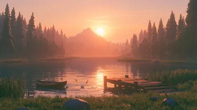 Voxel Art Landscape With Boat And Dock At Sunset
