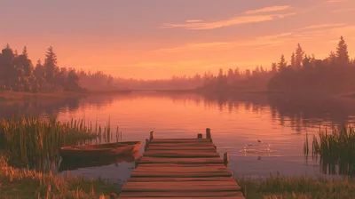 Wooden Dock And Rowboat On A Calm Lake At Sunset