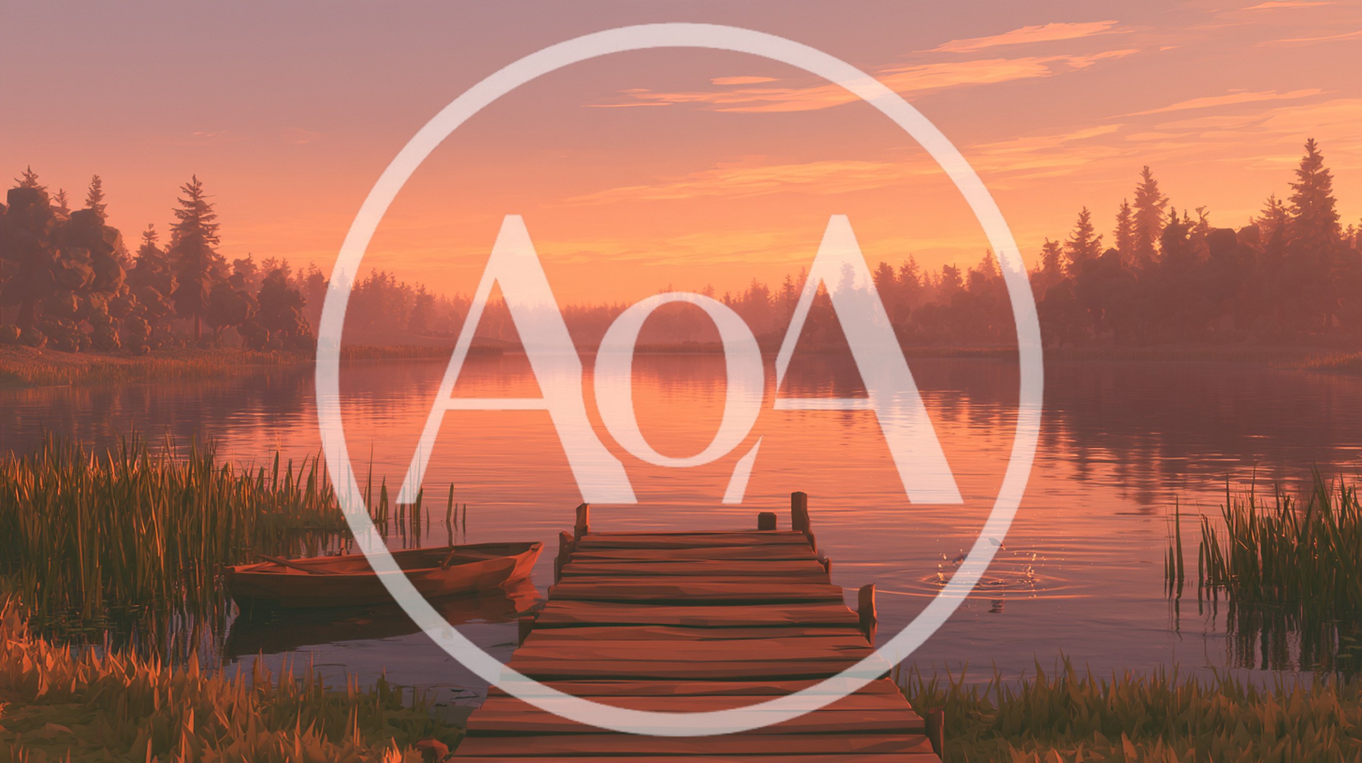 Wooden Dock And Rowboat On A Calm Lake At Sunset