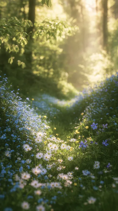 Sunlit Forest Path Filled With Wildflowers