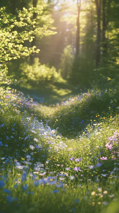 Sunlit Wildflower Meadow In A Lush Forest