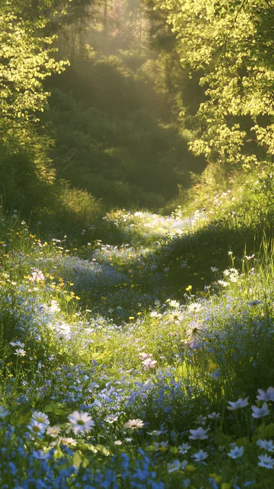 Sunlit Wildflower Meadow In A Lush Forest Clearing