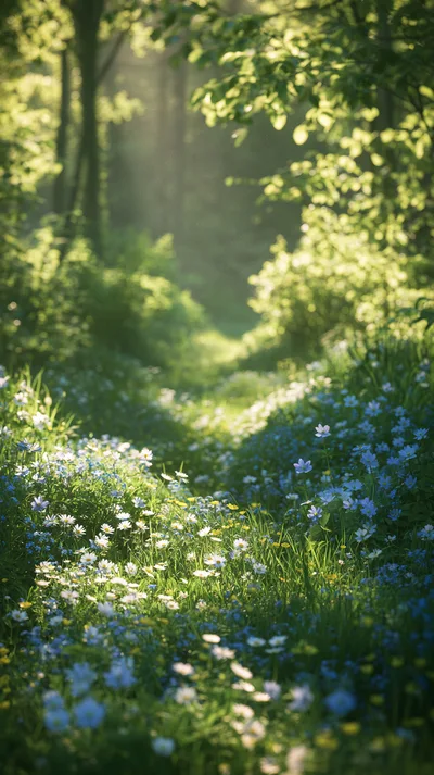 Sunlit Wildflower Meadow In A Lush Forest
