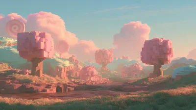Voxel Style Candy Land Landscape With Pink Trees