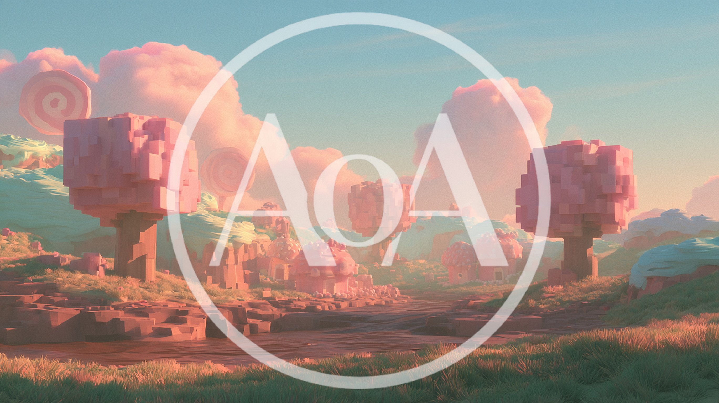 Voxel Style Candy Land Landscape With Pink Trees