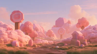 Low Poly Pink Fantasy Landscape With Stylized Trees