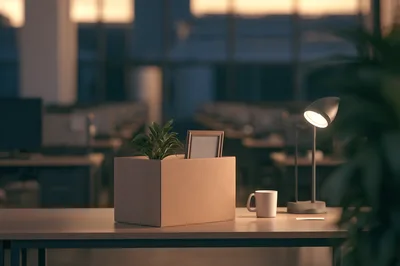 Cardboard Box With Personal Belongings On Office Desk