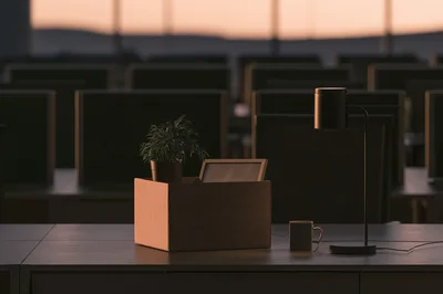 Cardboard Box With Personal Belongings On Office Desk