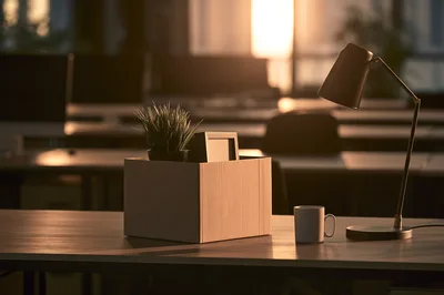 Cardboard Box With Personal Belongings On Office Desk
