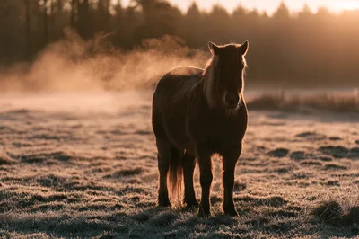 Icelandic Horse Standing In A Frosty Morning Field