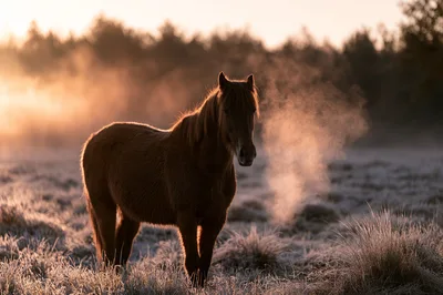 Brown Horse Standing In A Frosty Meadow At Sunrise