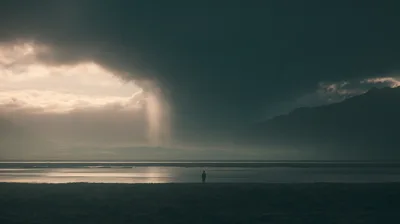 Lone Person Standing Before A Dramatic Stormy Landscape