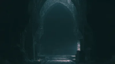 Dark Gothic Stone Cathedral Interior With Dim Candlelight