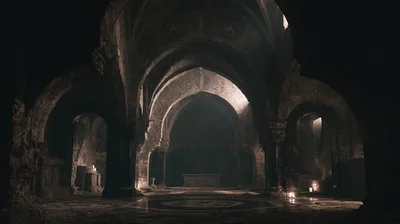 Ancient Stone Cathedral Interior With Dim Candlelight