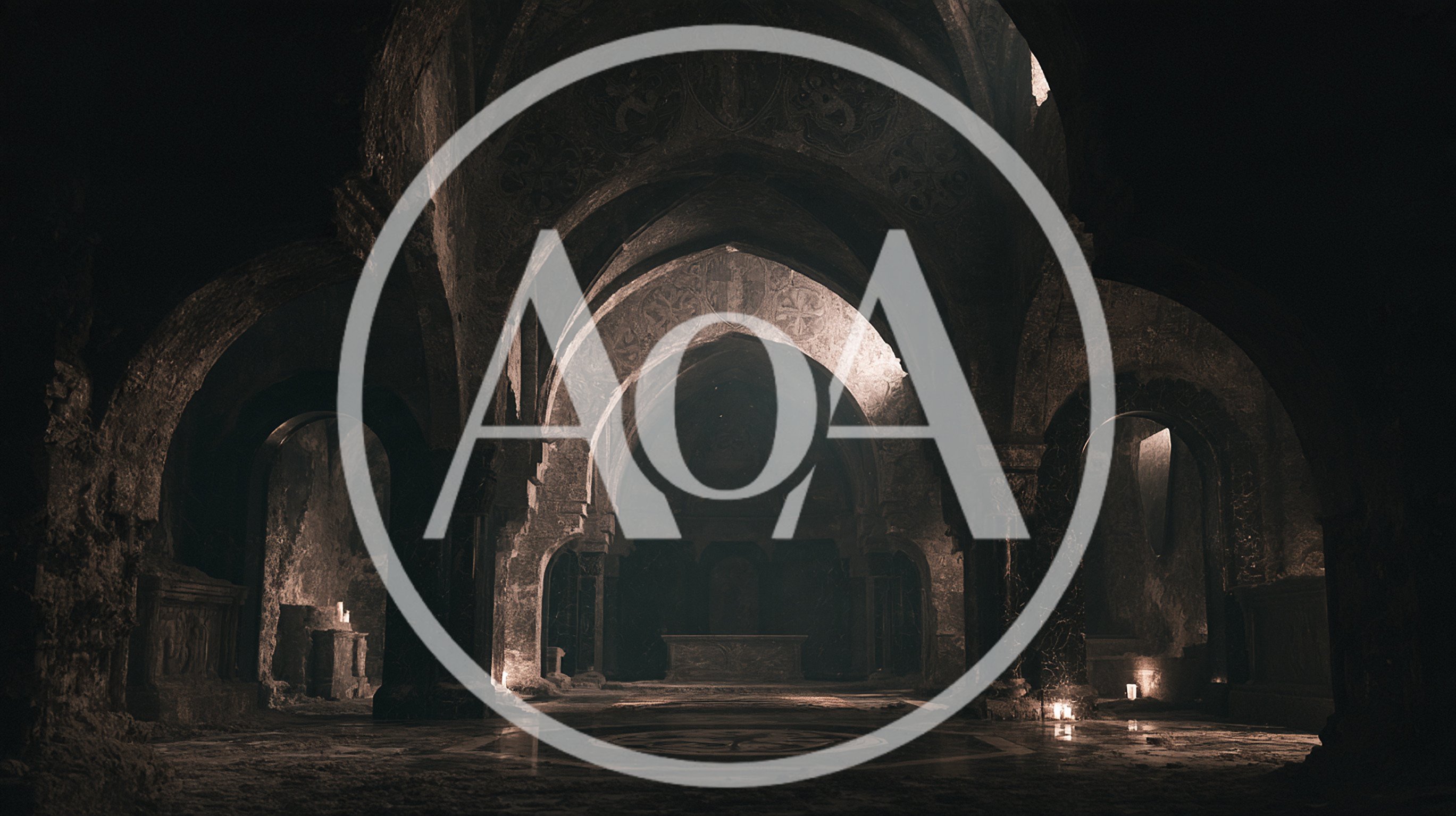 Ancient Stone Cathedral Interior With Dim Candlelight