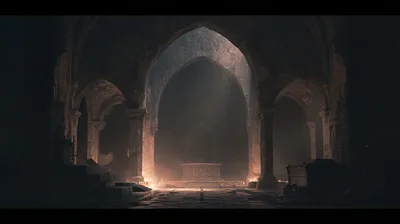 Dark Gothic Cathedral Interior With Glowing Altar
