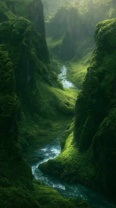Aerial View Of Lush Green Mossy Canyon With River
