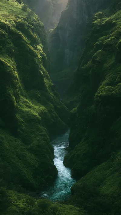 Mossy Canyon With A Rushing River In Iceland