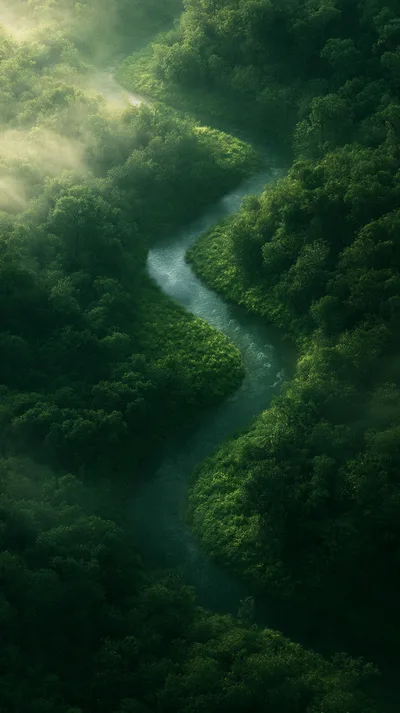 Aerial View Of A Winding River Through Lush Rainforest