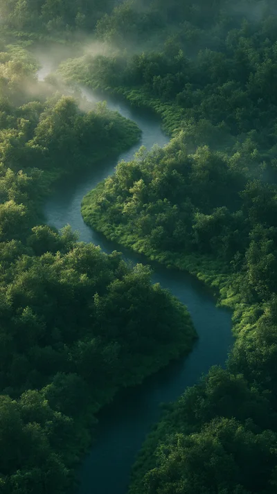 Aerial View Of A Winding River Through Dense Forest