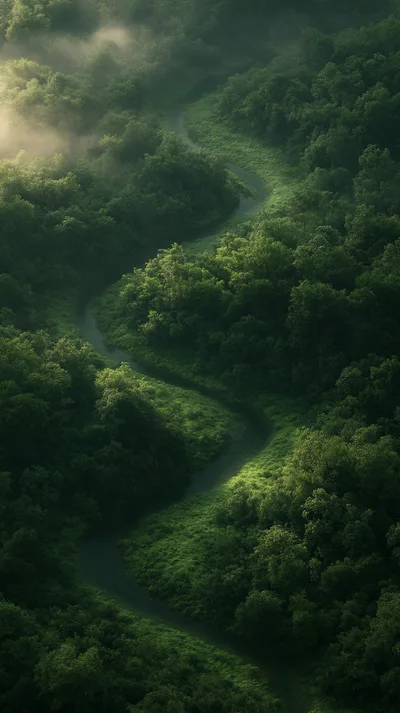 Aerial View Of A Winding River Through Lush Forest