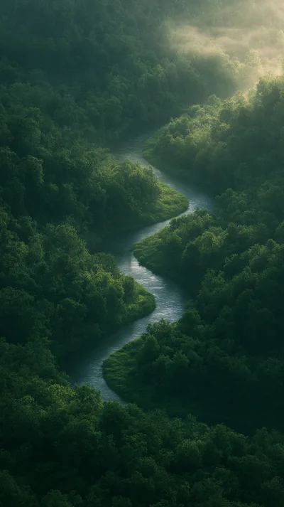 Aerial View Of A Winding River Through Dense Forest