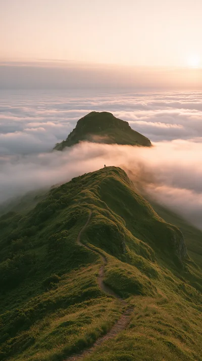 Hiker Standing On A Mountain Ridge Above Clouds