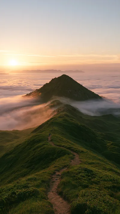 Hiker Walking Along A Mountain Ridge Above The Clouds