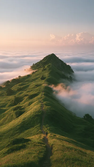 Hiker Walking Along A Grassy Mountain Ridge Above Clouds