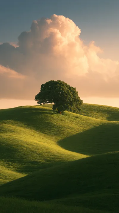 Solitary Oak Tree On Rolling Green Hills At Sunset