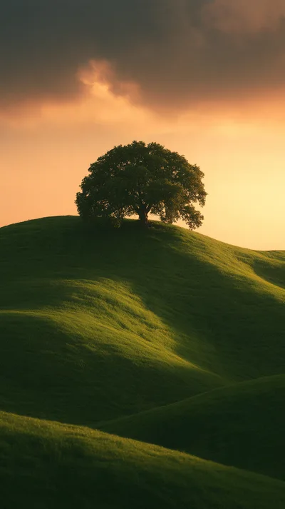 Solitary Oak Tree On Rolling Green Hill At Sunset