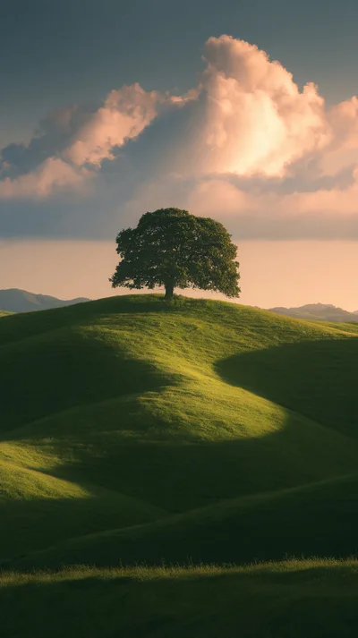 Solitary Oak Tree On Rolling Green Tuscan Hill