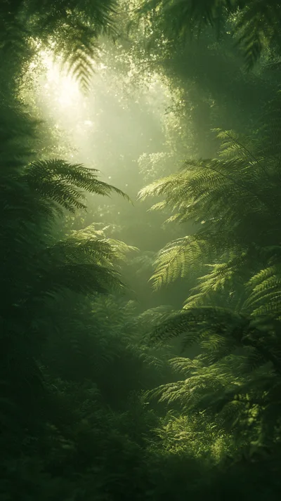 Sunlight Streaming Through Lush Green Fern Forest