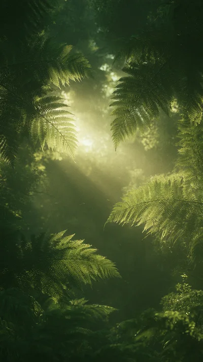 Sunlight Streaming Through Lush Tropical Fern Forest