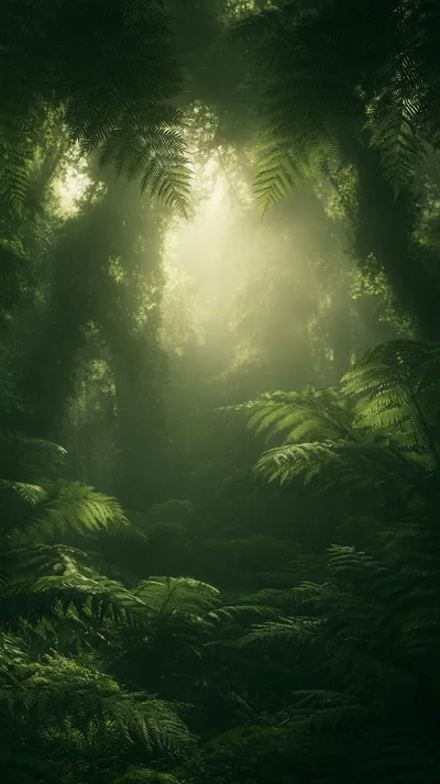 Lush Tropical Rainforest With Sunbeams Filtering Through Canopy