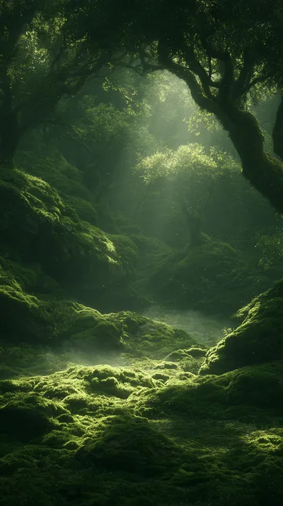 Sunlight Streaming Through A Lush Mossy Forest