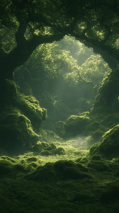 Enchanted Mossy Forest Path With Sunbeams