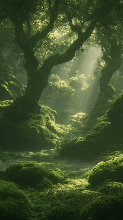Sunlight Streaming Through A Lush Mossy Forest
