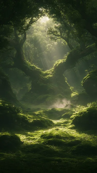 Sunlight Streaming Through Ancient Mossy Forest Trees