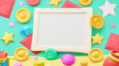 3D Rendered Game Frame With Floating Treasure Elements
