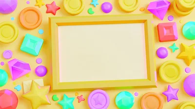 3D Rendered Yellow Picture Frame With Colorful Game Assets